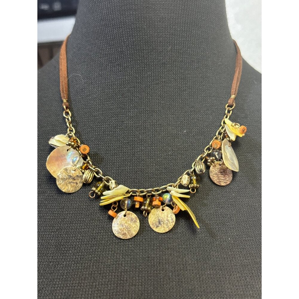 Coldwater Creek Leather and Shell Beaded Necklace 18 inch
